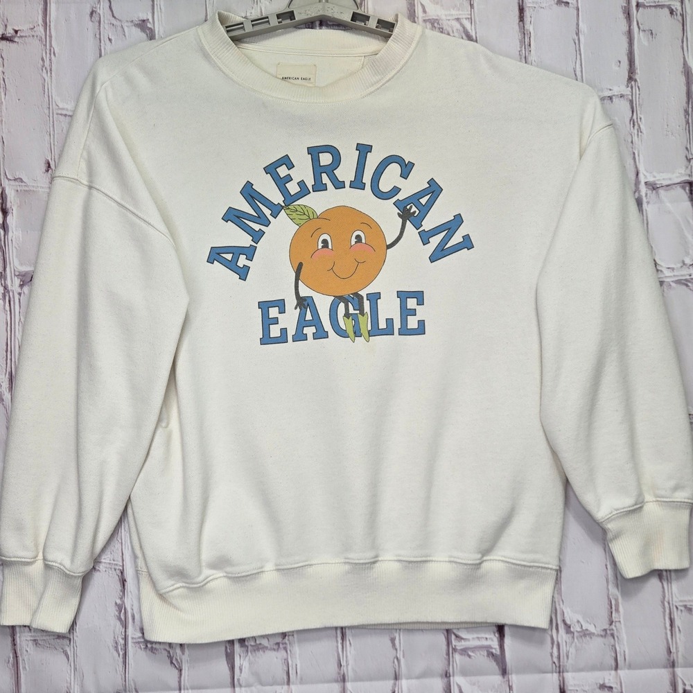 American Eagle Sweatshirt Cream Orange Graphic Retro Pullover Womens Medium